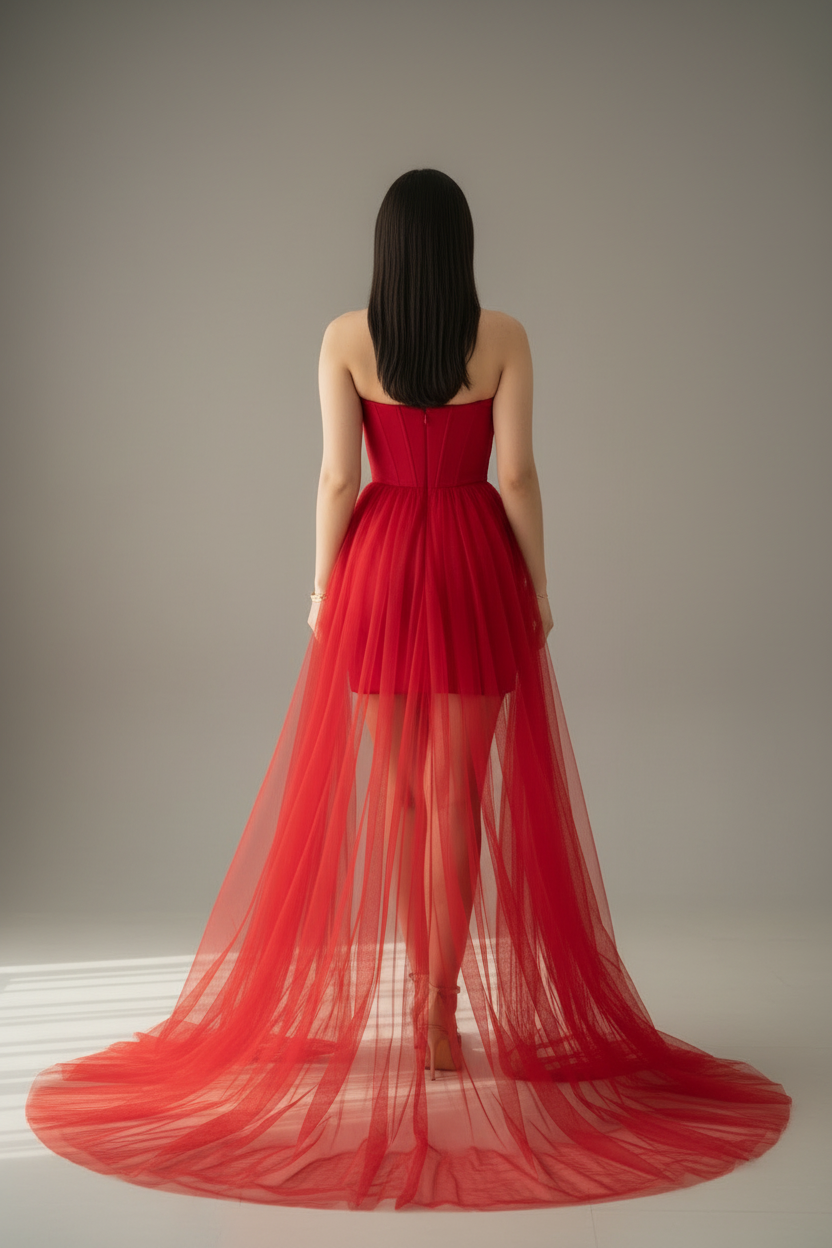Vestido Rojo Strapless Mini Corset Drapeado con Cola de Tul Larga cod.772