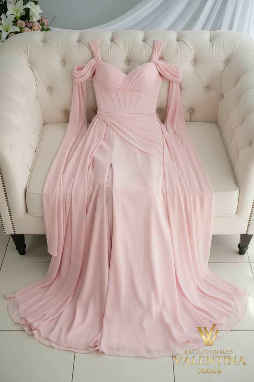 Vestido Rosa Palo Chiffon Off-Shoulder con Abertura Frontal cod.V509