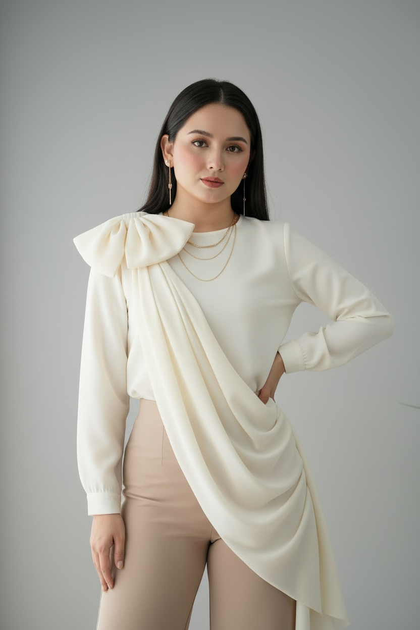 Conjunto Ivory Drape & Beige Palazzo – Top Crema Drapeado Asimétrico con Lazo + Pantalón Palazzo Beige cod.698