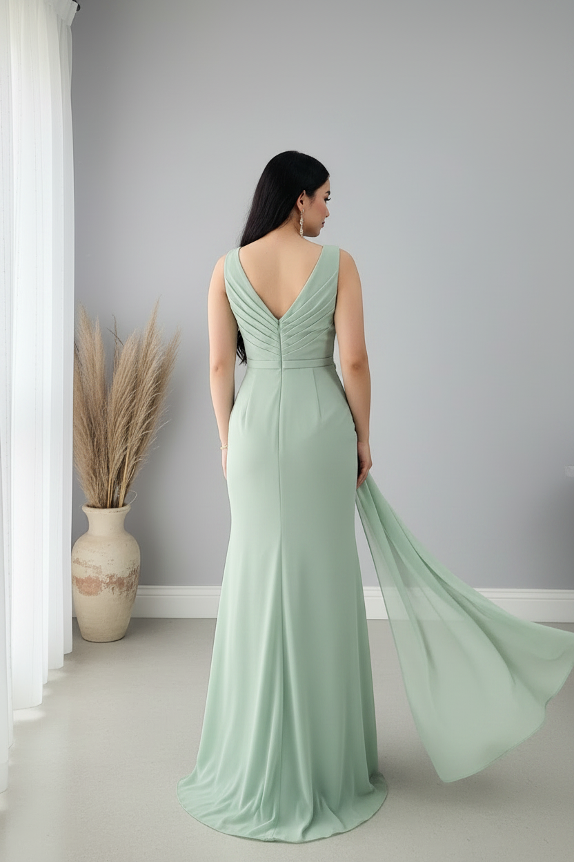 Vestido Verde Sage Sirena con Rosa 3D y Panel de Gasa cod.964