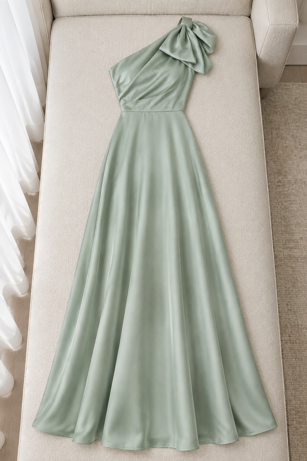 Vestido largo verde salvia de un hombro con gran lazo cod. VC015