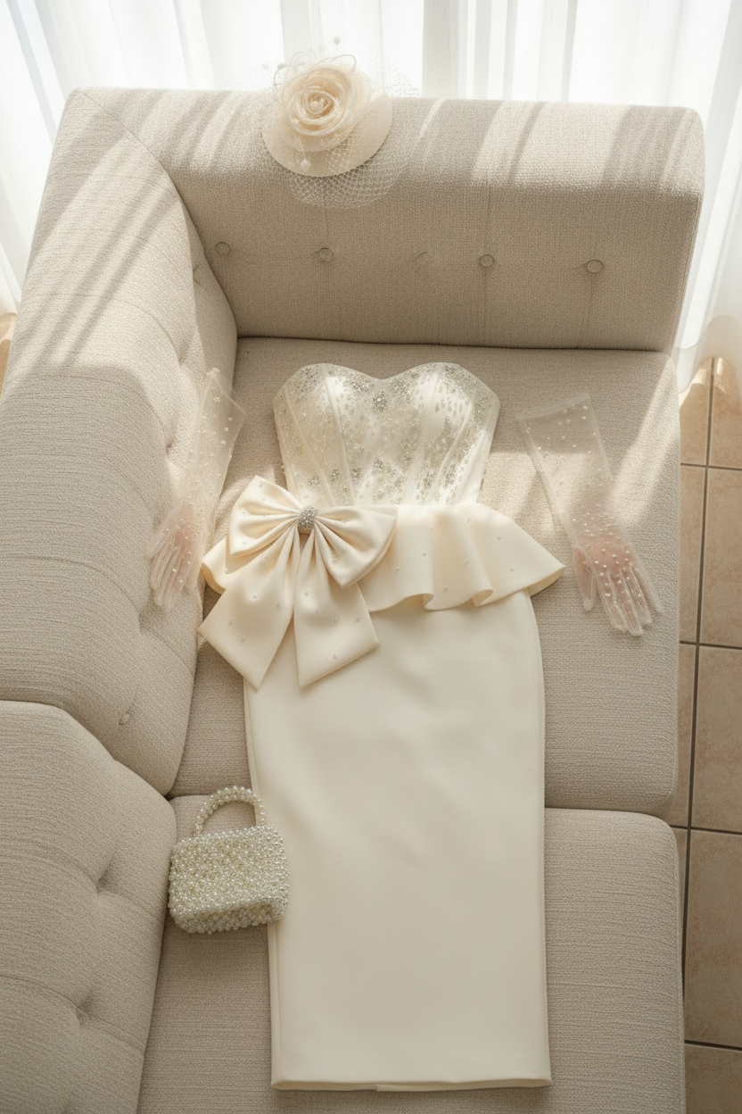 Conjunto Nupcial Ivory Corset Perlas Peplum Lazo y Falda Lápiz cod.C0032