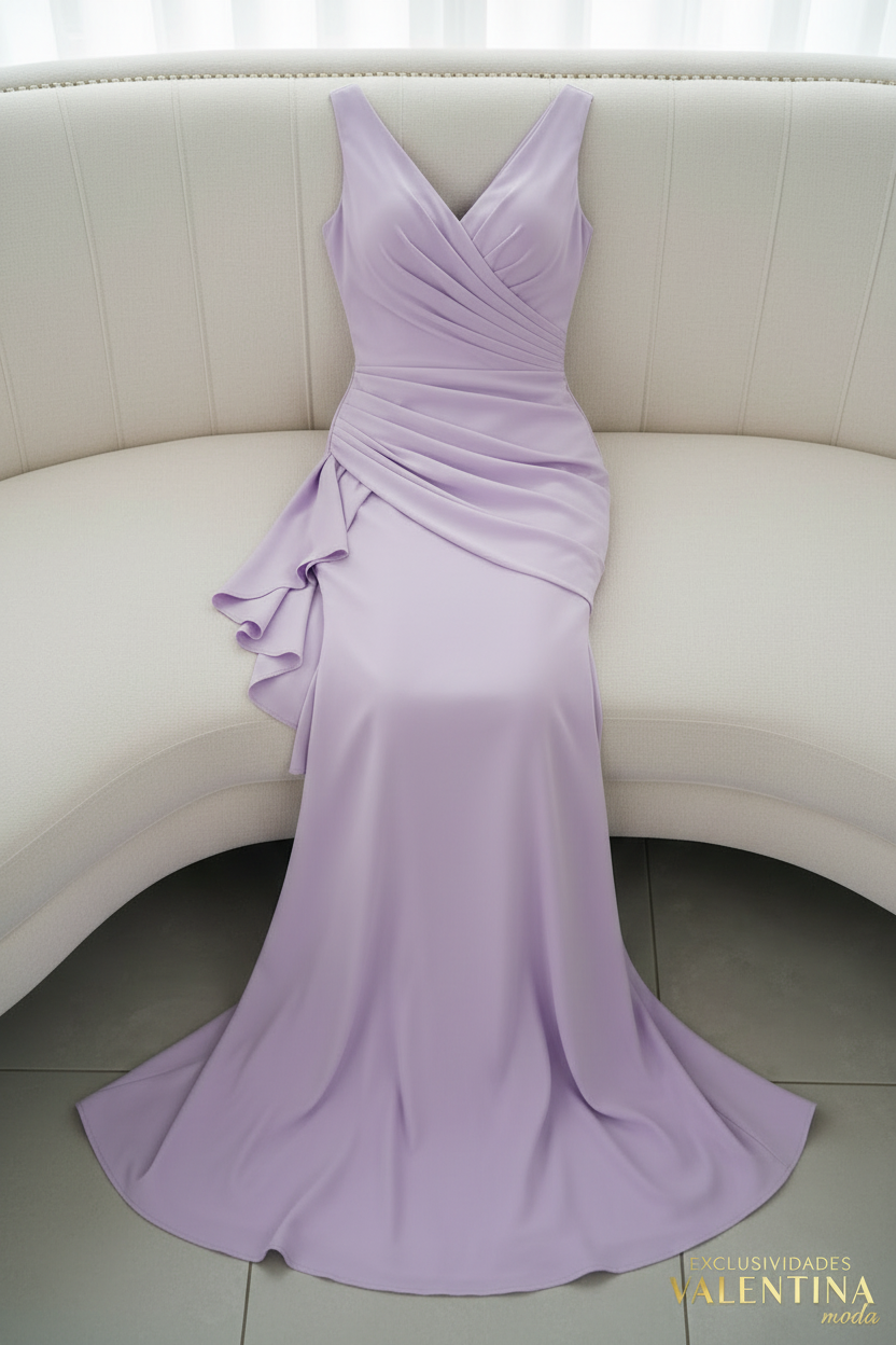 Vestido Lila Sin Mangas Sirena con Escote V y Volante Lateral cod.525