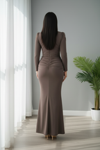 Vestido Gris Topo Sirena Manga Larga Escote V Perlas cod.V688