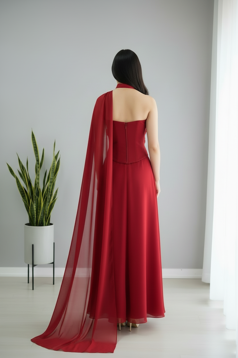 Conjunto Rojo Corset con Rosas 3D y Capa cod.C639