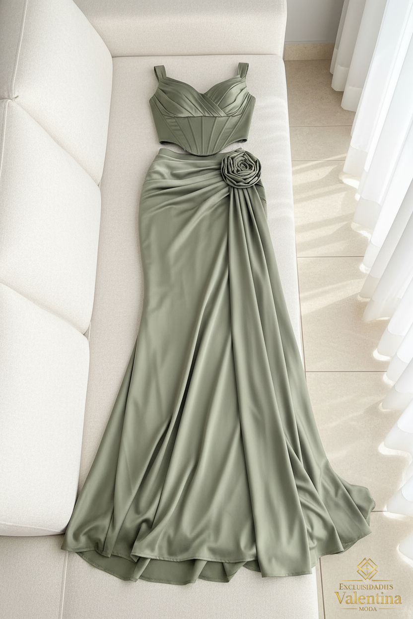 Conjunto Verde Salvia | Corsé con Rosa 3D y Falda Drapeada cod.C443