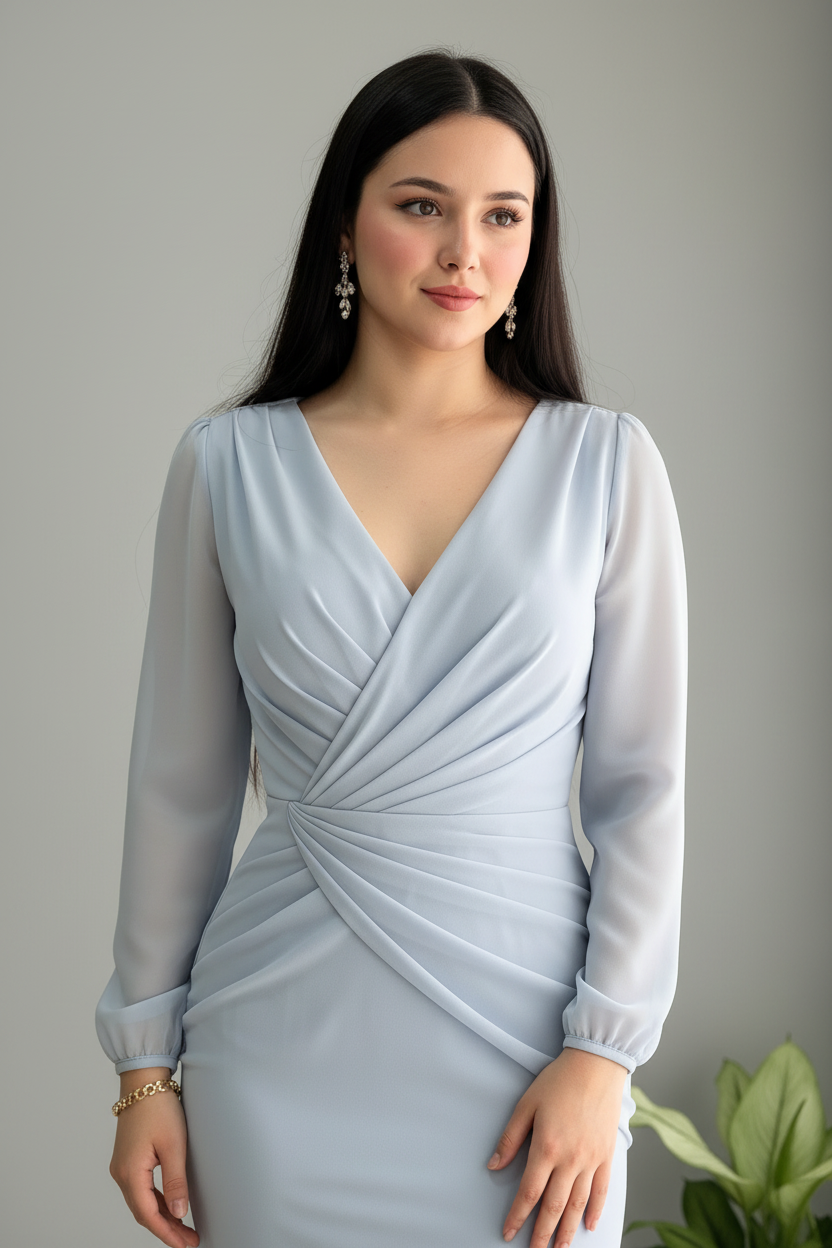 Vestido Azul Acero Manga Larga Sirena con Escote V cod.960