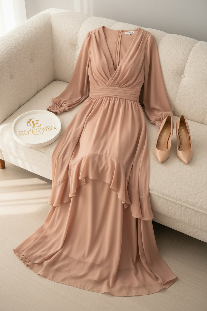 Vestido Nude Gasa Mangas Abullonada cod.00158