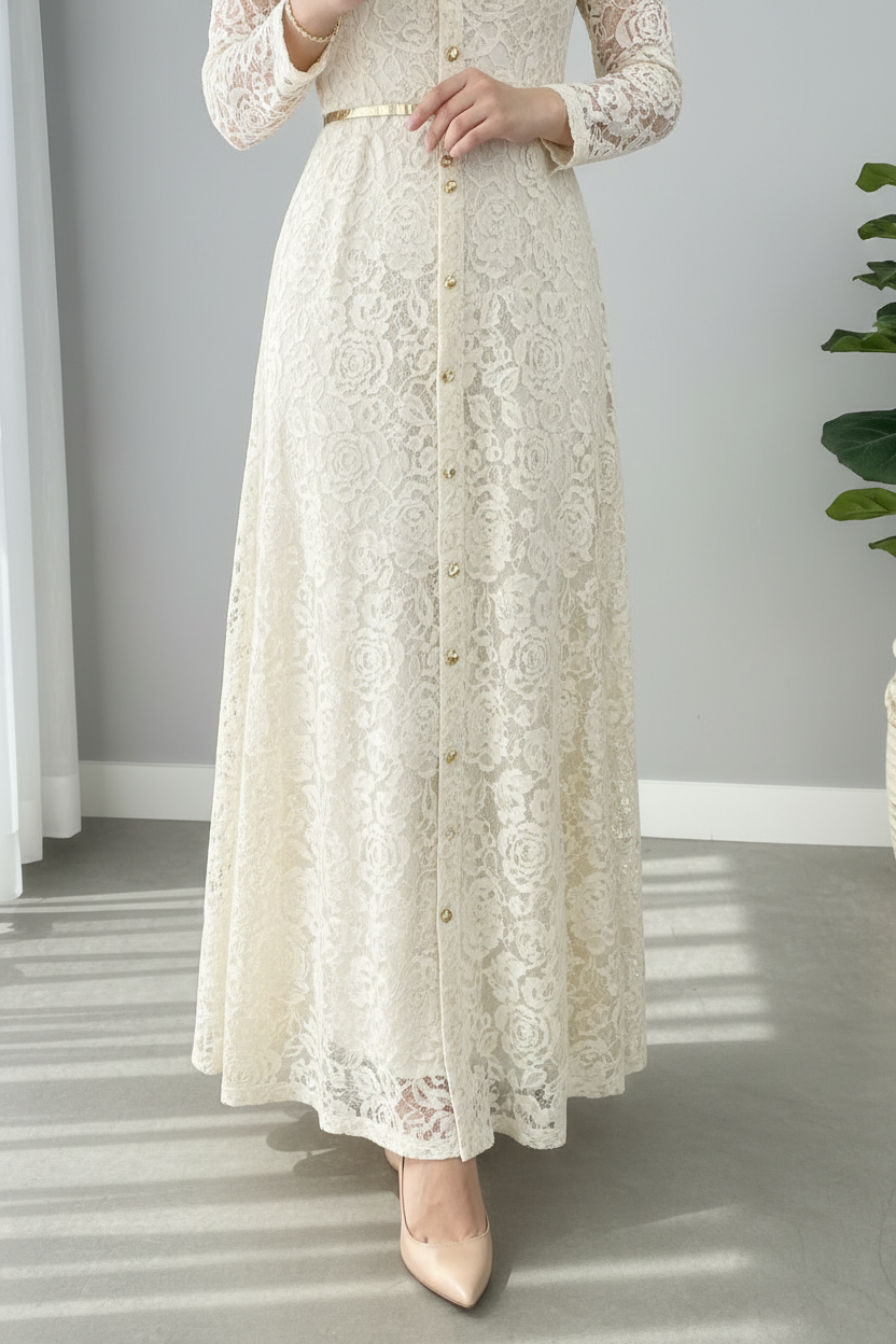 Vestido Encaje Crema — Botones Dorados  cod.857