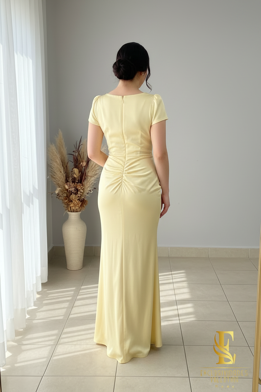 Vestido Sirena Amarillo Pastel | Cowl Neck y Abertura cod.V436