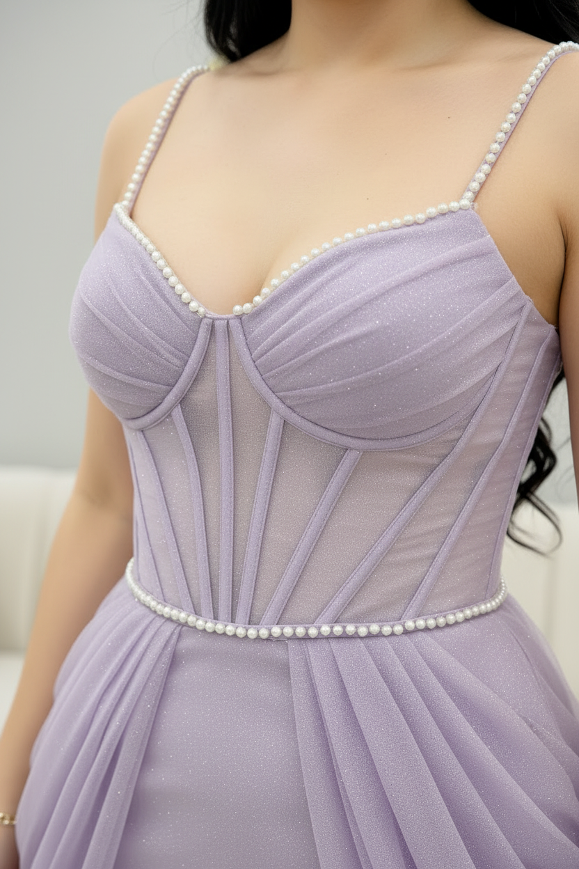 Vestido Lila — Corset de Tul con Drápado Pétalos y Sirena cod.V622
