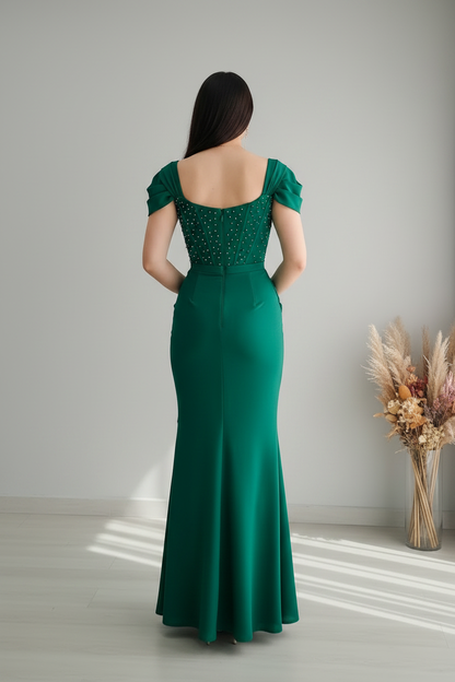 Vestido Verde Esmeralda Sirena con Corset de Perlas y Drapeado cod.V781