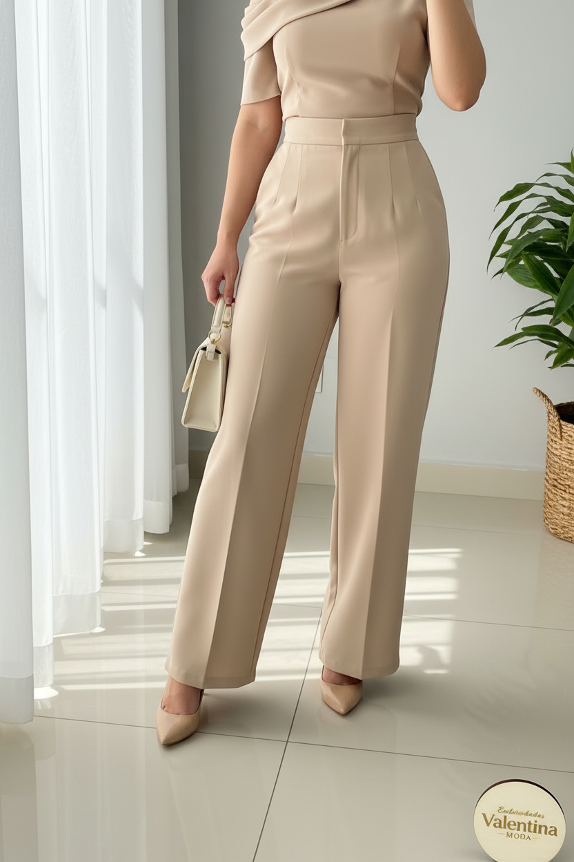 Conjunto 2 Piezas Beige Champagne Top One-Shoulder Drapeado y Palazzo cod.00142