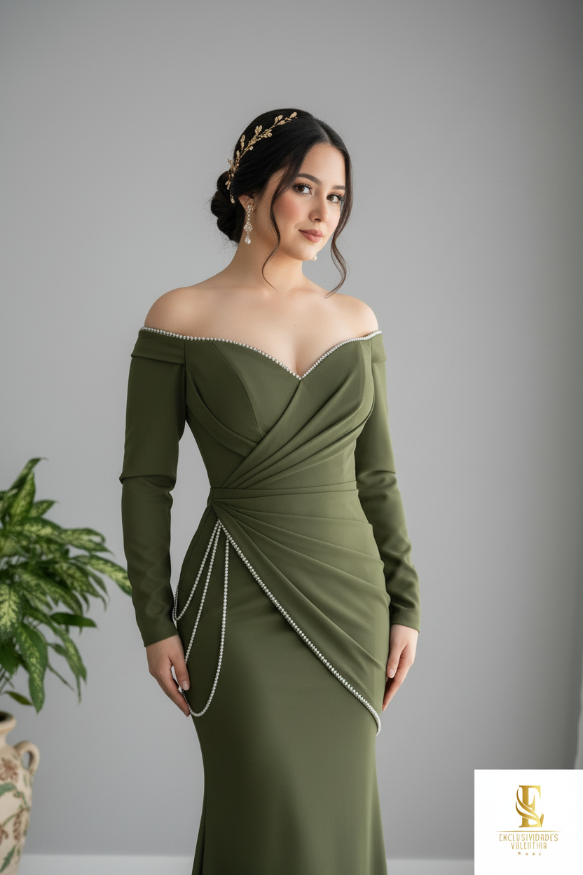 Vestido Verde Olivo Sirena Off-Shoulder Manga Larga con Cadenas de diamantes cod.0071
