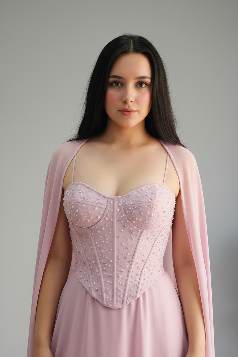 Vestido Pink Pearl Cape – Gown Rosa con Corset de Perlas & Capa cod.676