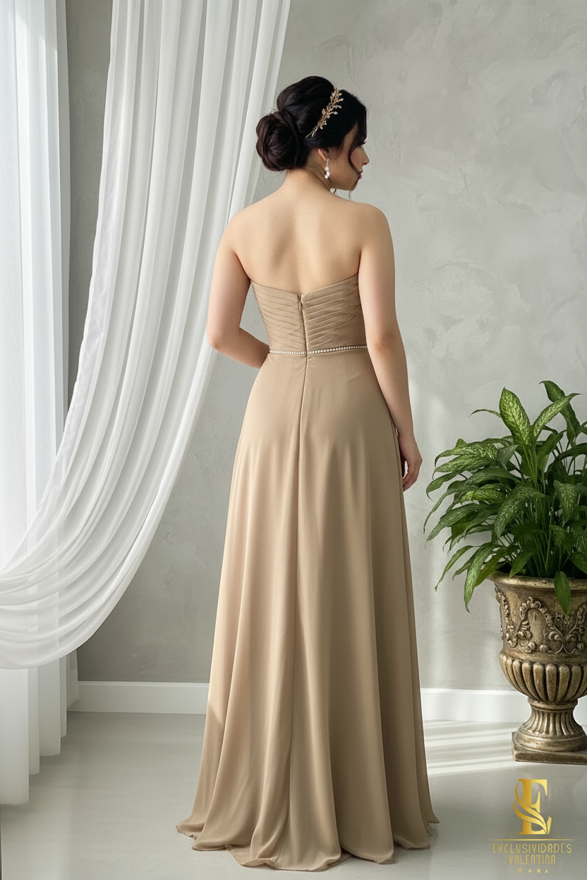 Vestido Champagne Chifón Strapless con Cinto de Perlas cod.0066