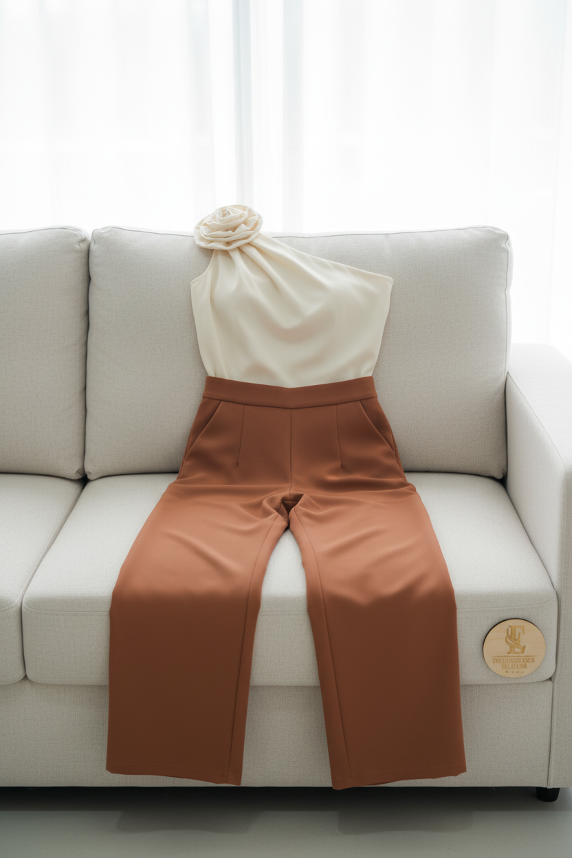 Conjunto Top Blanco Un Hombro Rosa 3D y Pantalón Palazzo Terracota cod.734