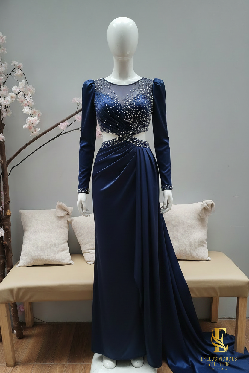 Vestido Navy Manga Larga Escote Ilusión con Cristales y Abertura cod.V284