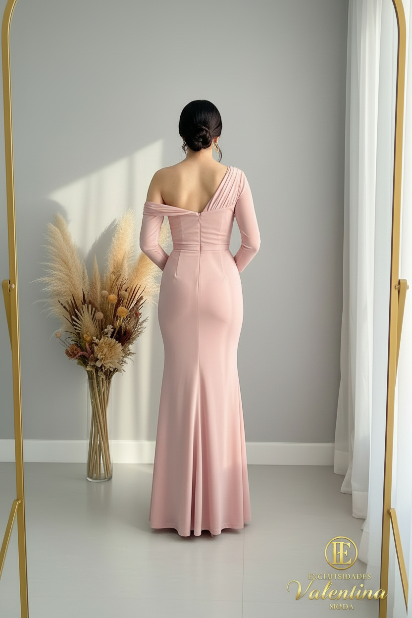 Vestido Sirena Rosa Blush Manga Larga Drapeado Asimétrico cod.V406