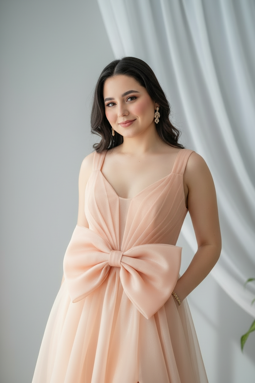 Vestido Melocotón Organza Maxi con Lazo Oversized y Abertura Frontal cod.984