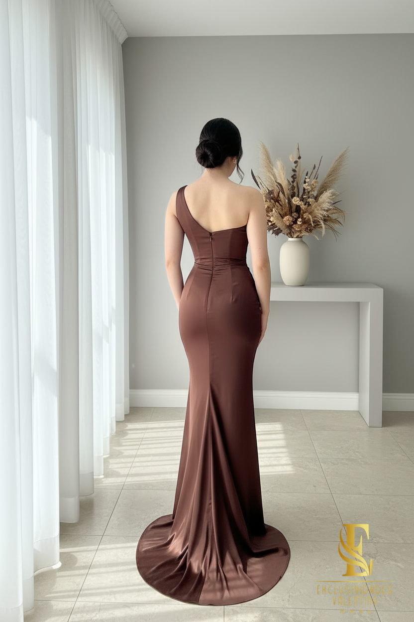 Vestido Sirena Chocolate | Un Hombro y Corsét cod.V437