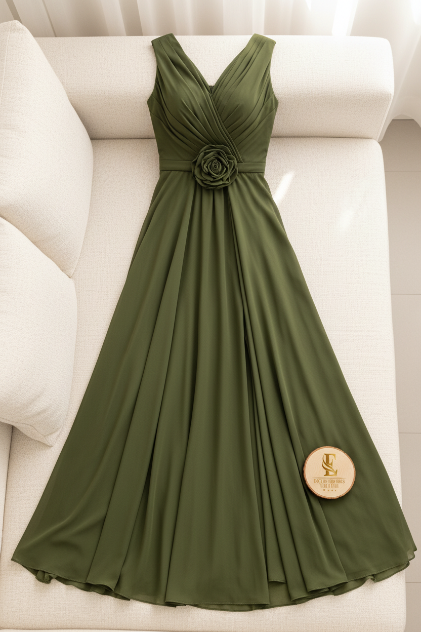 Vestido Largo Verde Oliva — Escote V Cruzado, Rosa 3D Cintura & Abertura Frontal cod.888