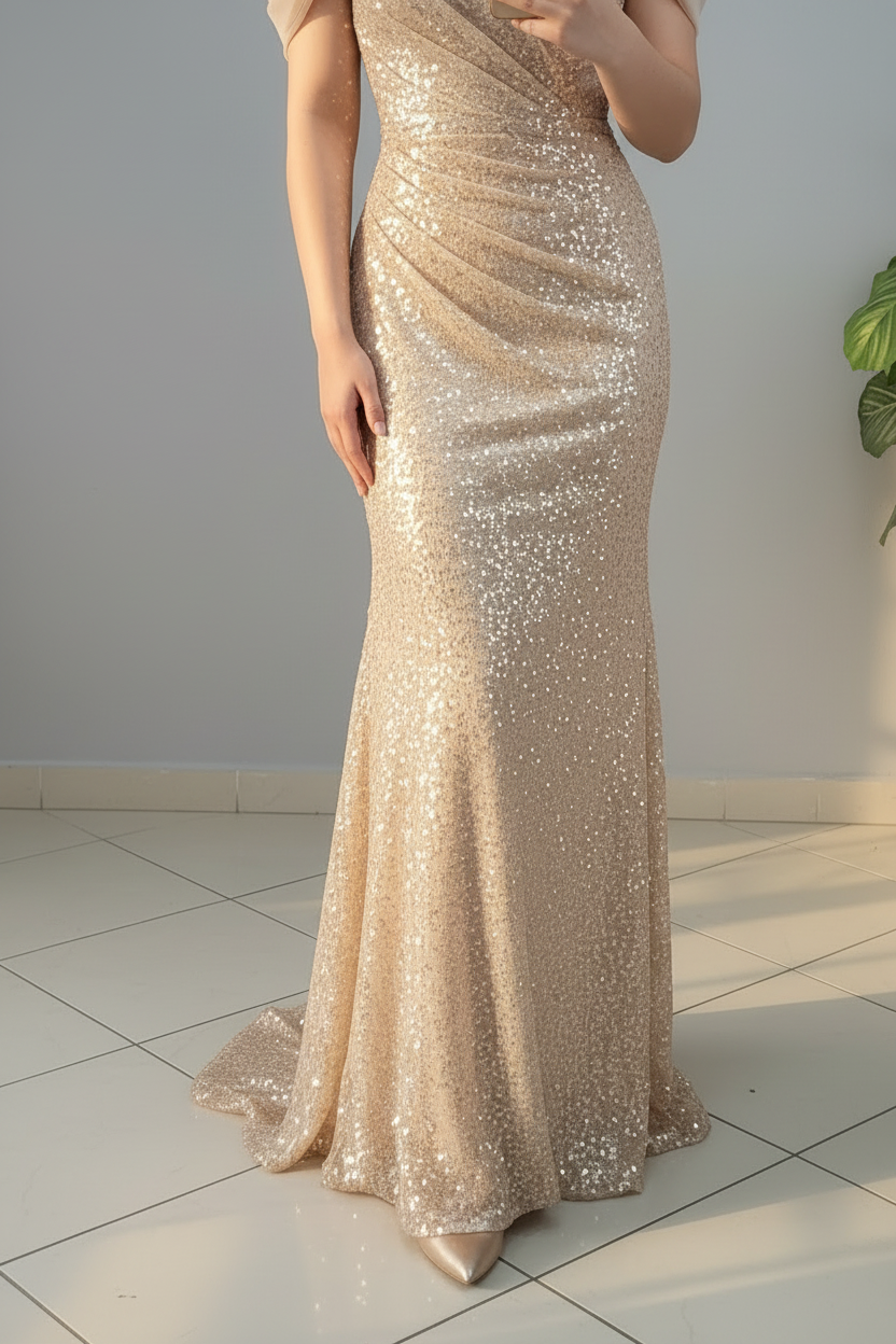 Vestido Golden Sequin – Gown Dorado Lentejuelas Off-Shoulder cod.678