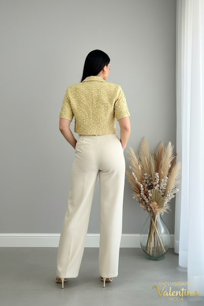Pantalón Palazzo Crema de Tiro Alto