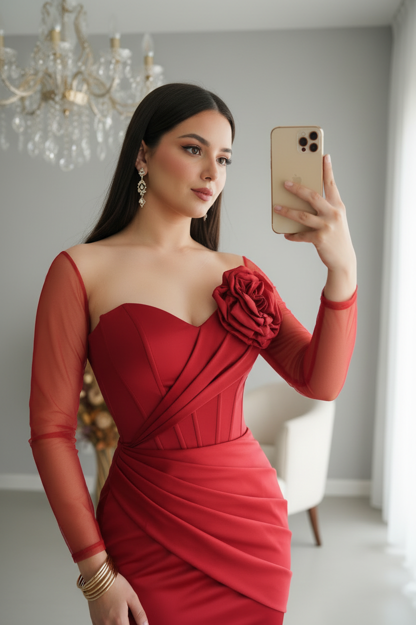 Vestido Rojo Manga Tul Asimétrica Rosa 3D Sirena cod.V431