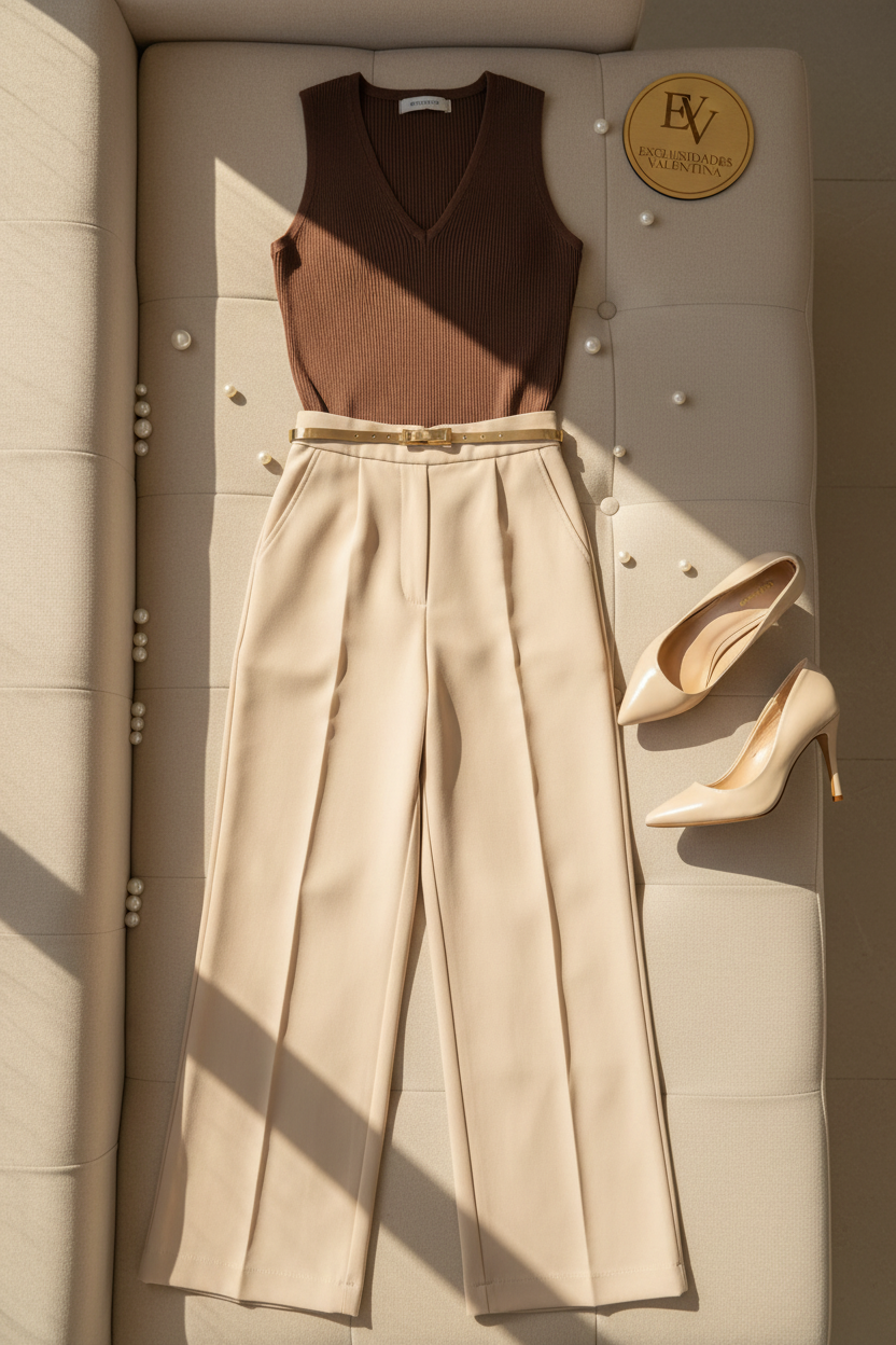 Conjunto Top Marrón Escote V y Pantalón Palazzo Beige cod.553