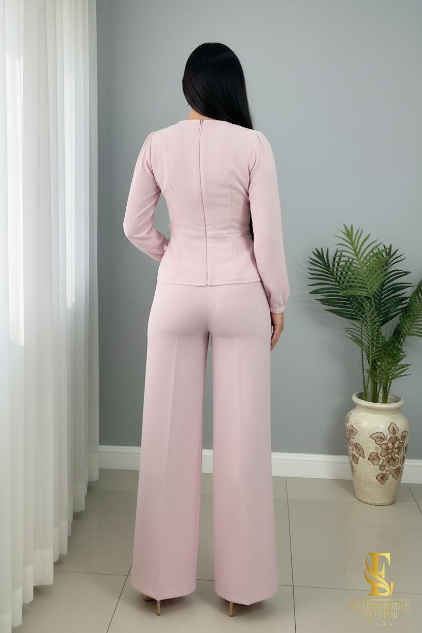 Conjunto Rosa Palo — Top Lazos 3D & Palazzo cod.0041