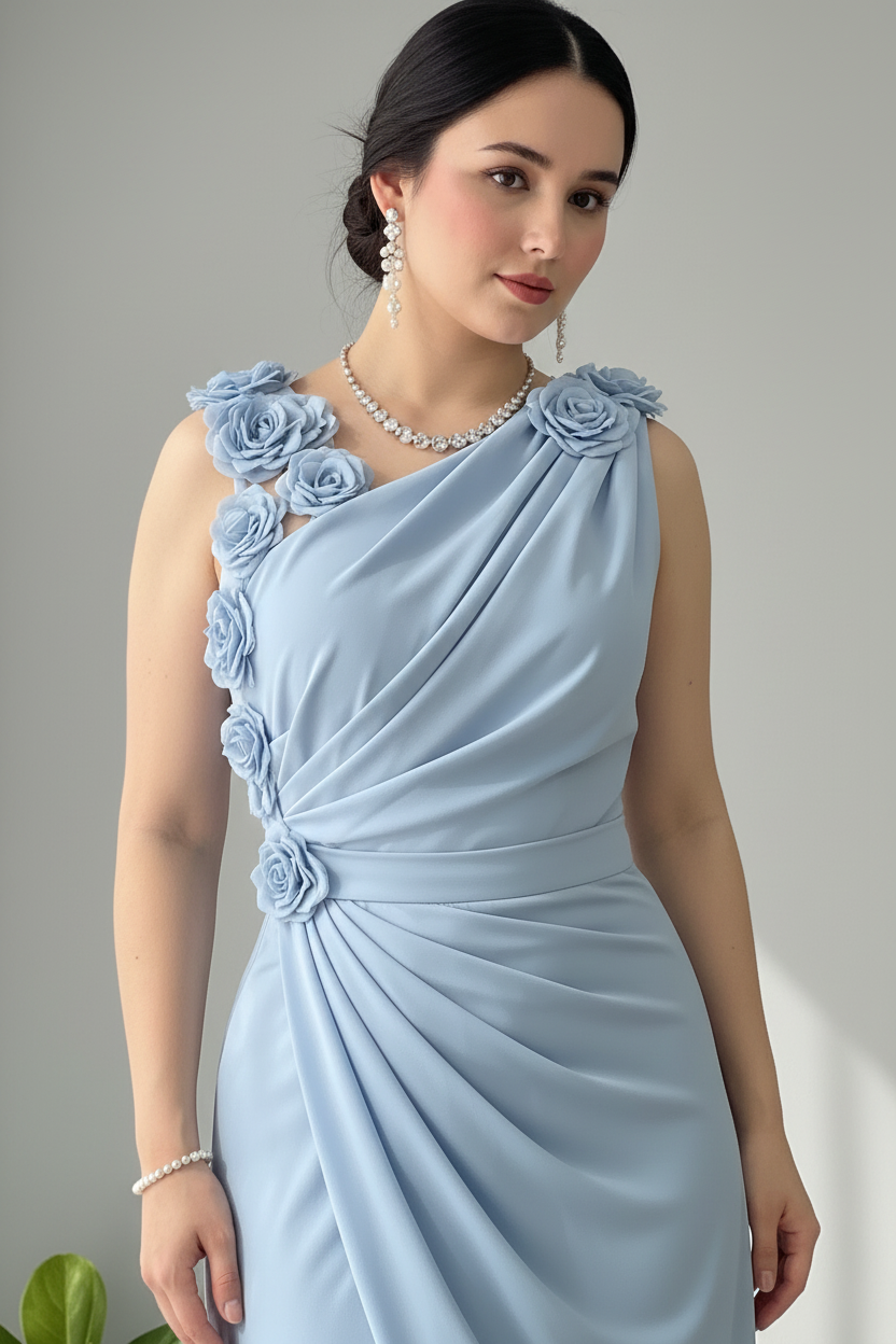 Vestido Azul Cielo Rosas 3D Abertura Lateral cod.V001