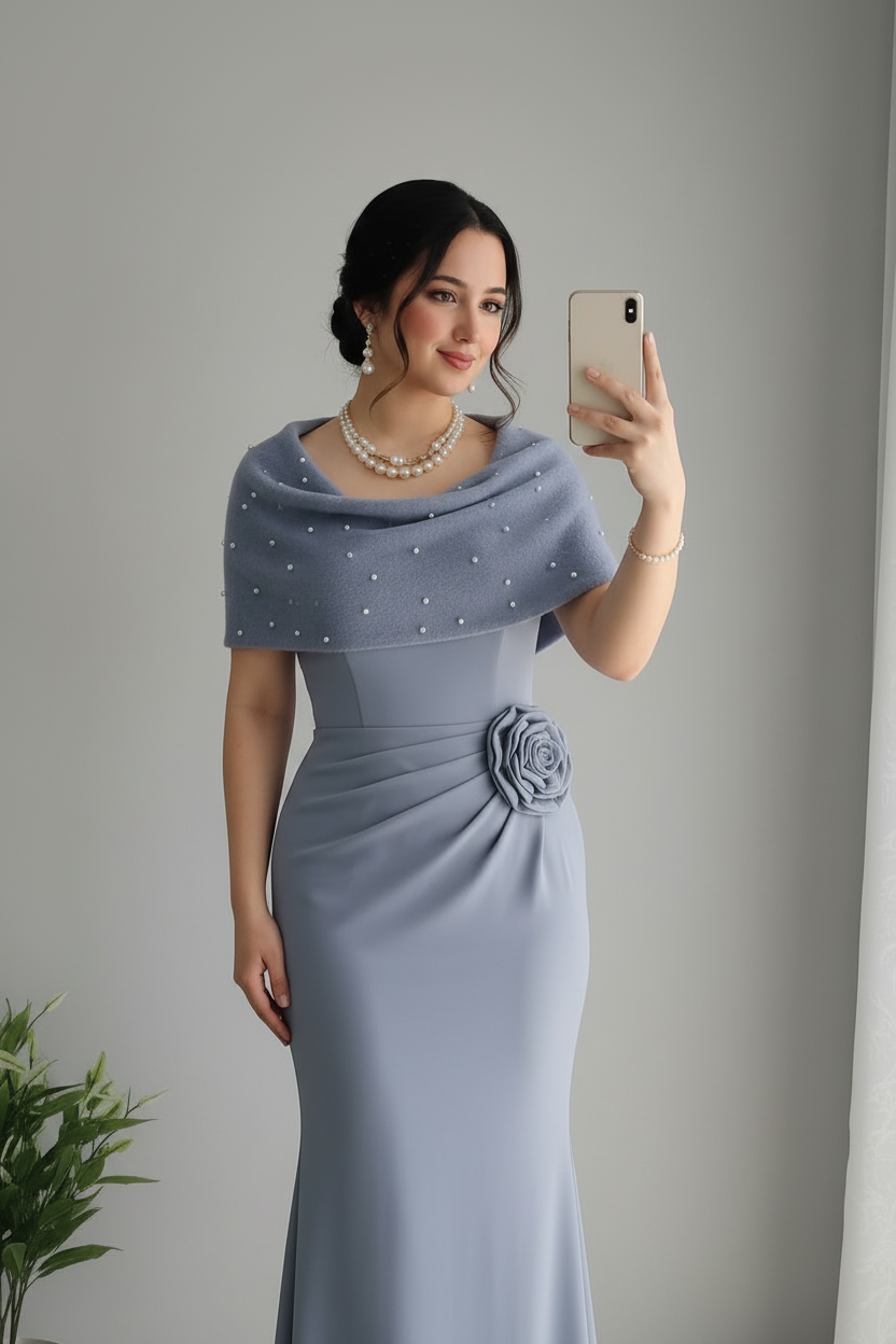 Vestido Sirena Azul Acero con Chal de Perlas Exclusivo cod.797