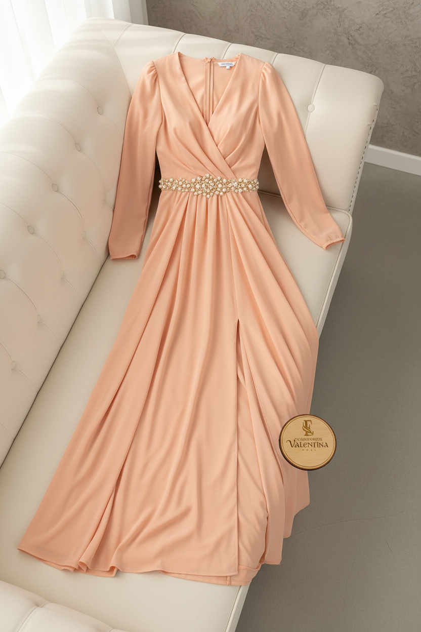 Vestido Peach Salmon Escote V Wrap Manga Estructurada Cinturon Joya Flores Doradas Abertura cod.842