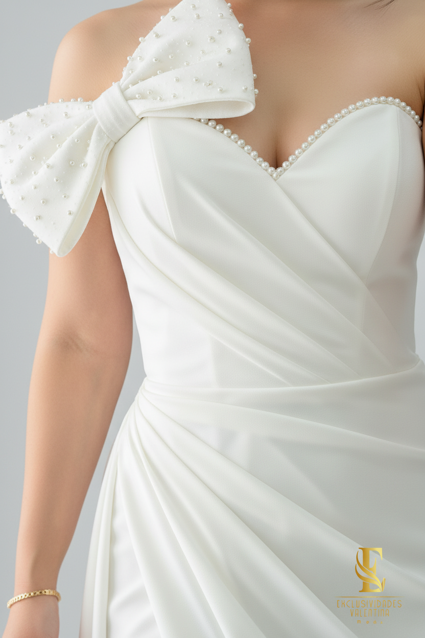 Vestido Blanco Off-Shoulder con Moño y Perlas cod.V274