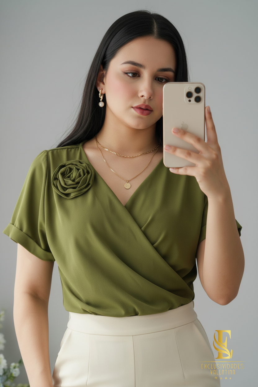 Blusa Verde Oliva | Wrap V-Neck Manga Corta con Rosa D cod.B503