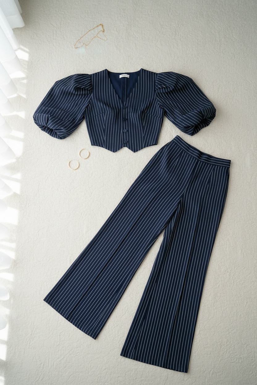 Conjunto azul marino rayas diplomáticas blusa manga globo pantalón wide leg C.1949