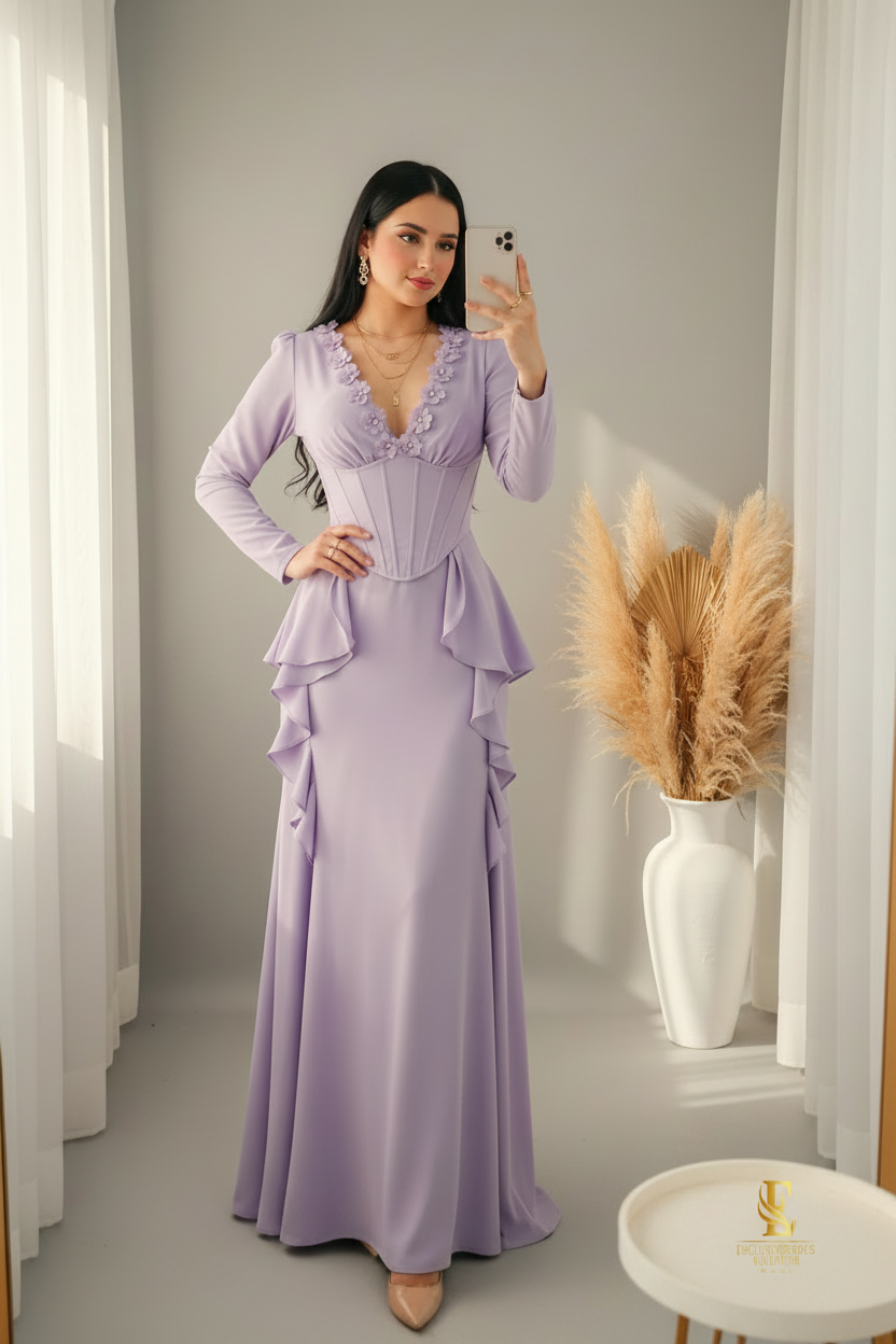 Vestido Lavanda Corset Escote V Flores D cod.00168