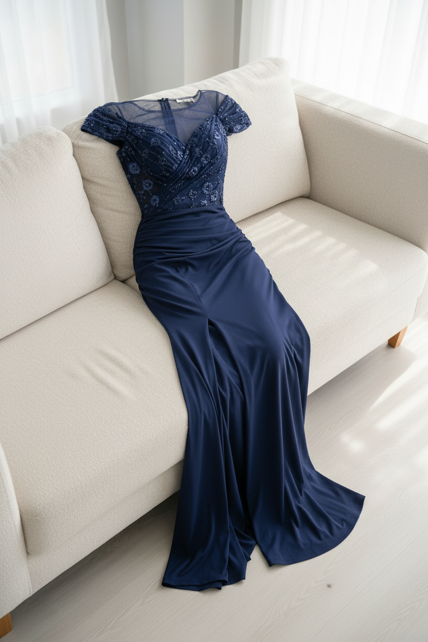 Vestido Azul Marino Sirena Encaje Ilusión con Abertura cod.V605