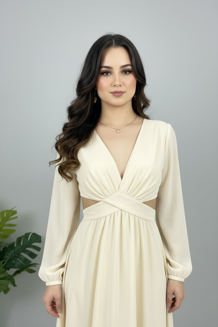 Vestido Crema Marfil Escote V Mangas Largas con Cut-Out cod.643