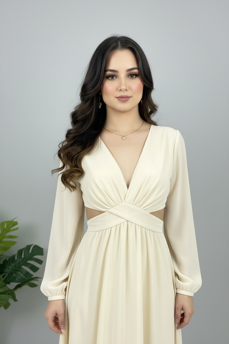 Vestido Crema Marfil Escote V Mangas Largas con Cut-Out cod.643