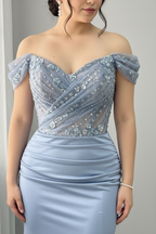 Vestido Azul Acero Off-Shoulder Sirena Encaje Plateado cod.V684