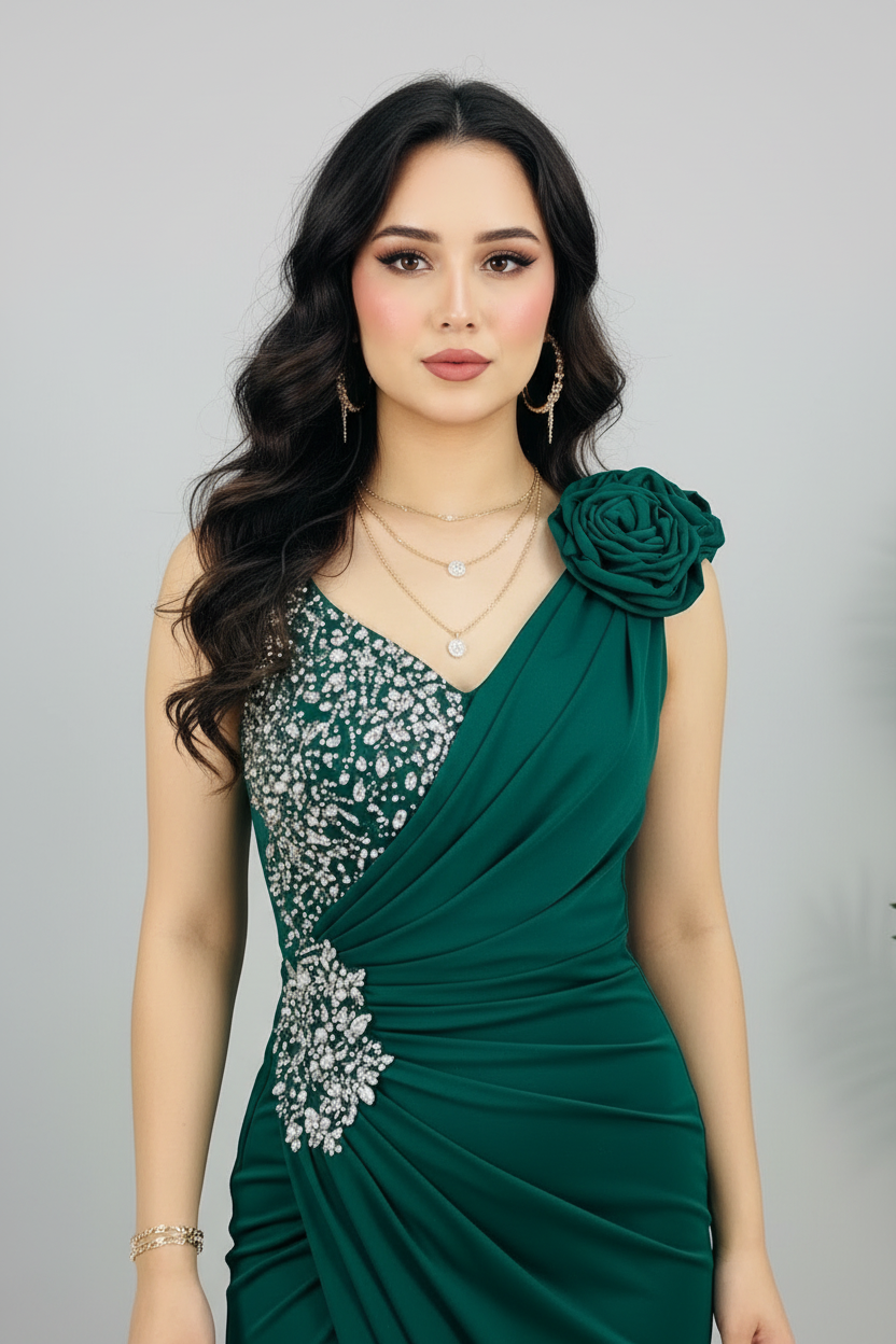 Vestido Formal Verde Esmeralda Un Hombro con Pedrería Rosa 3D y Abertura Frontal cod.544