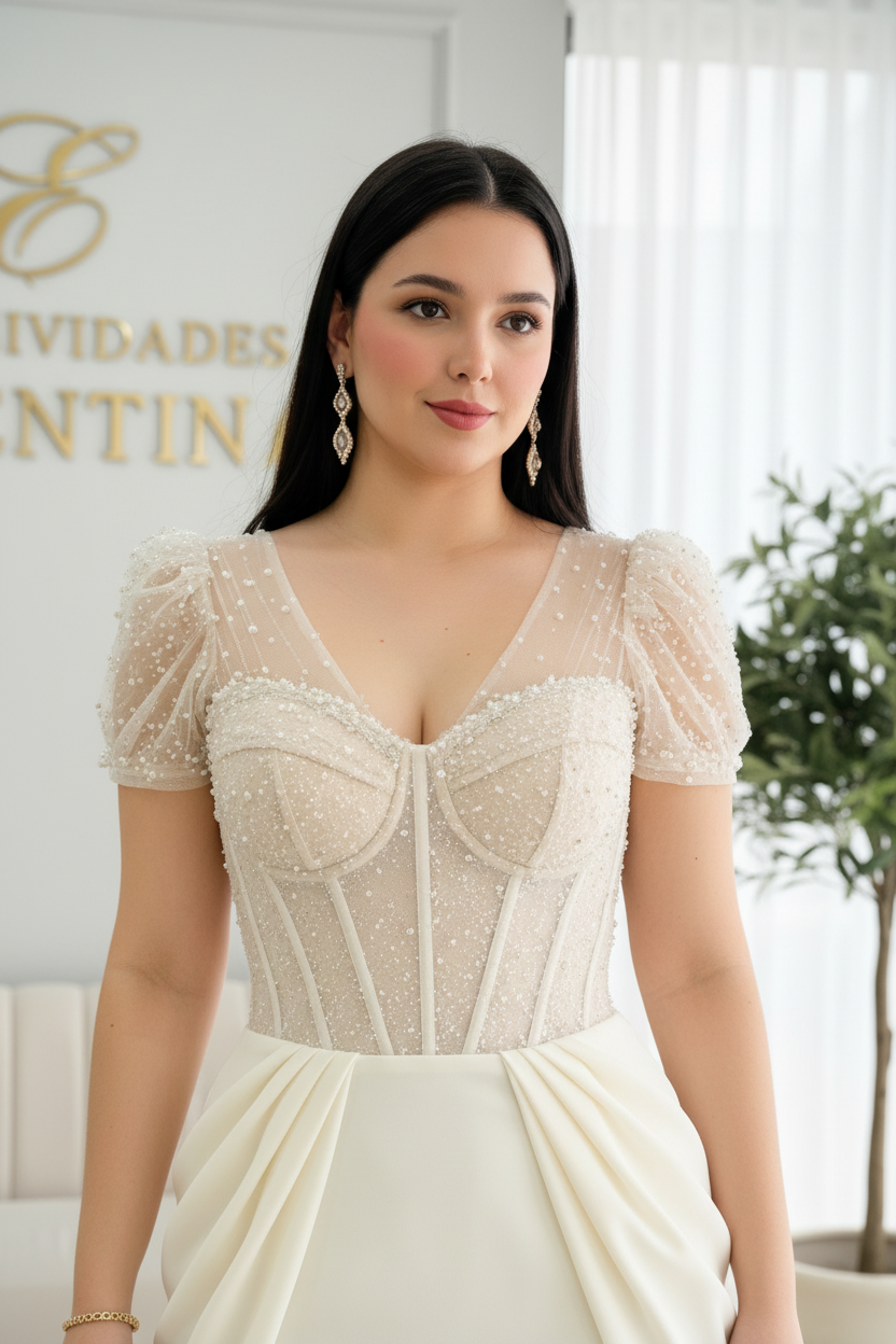 Vestido de Novia Corset de Tul con Perlas y Falda Sirena Blanca cod.V610