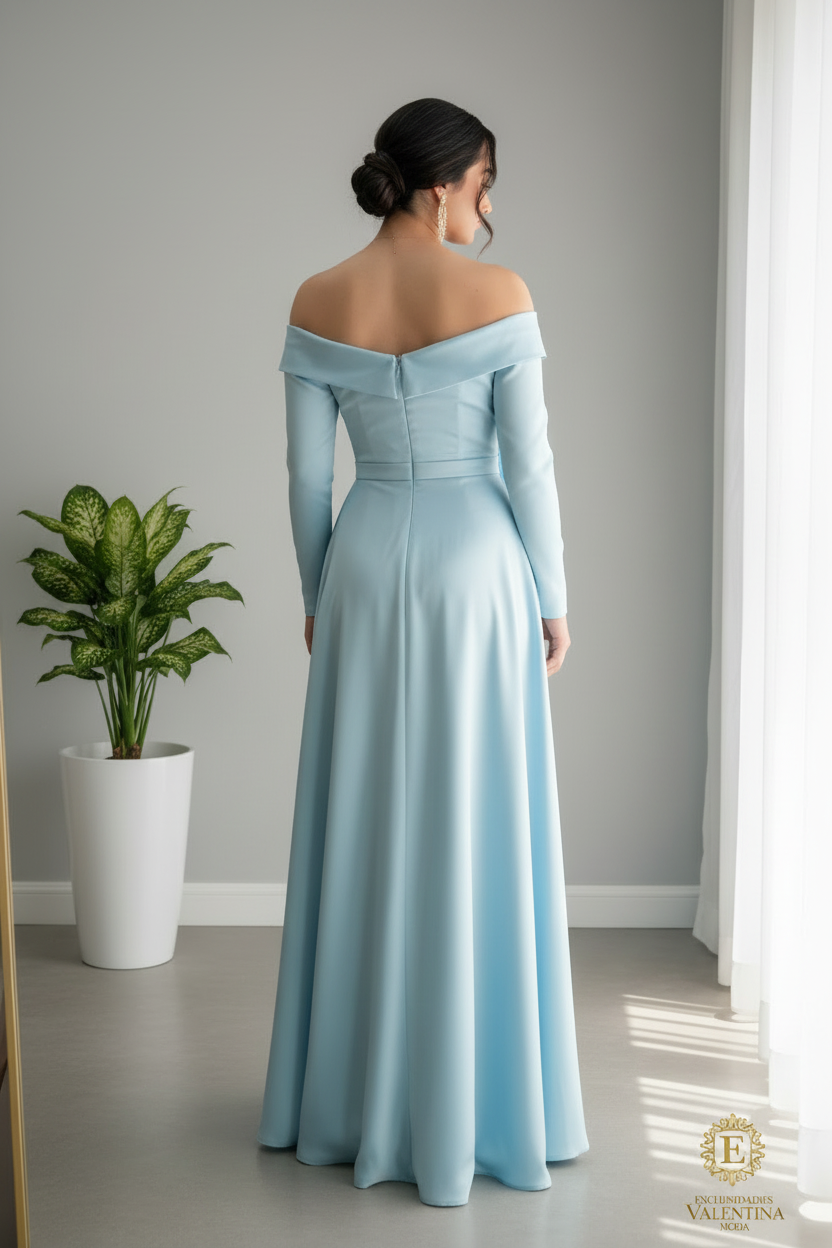 Vestido Azul Cielo Off-Shoulder Manga Larga Rosa D3 cod.919