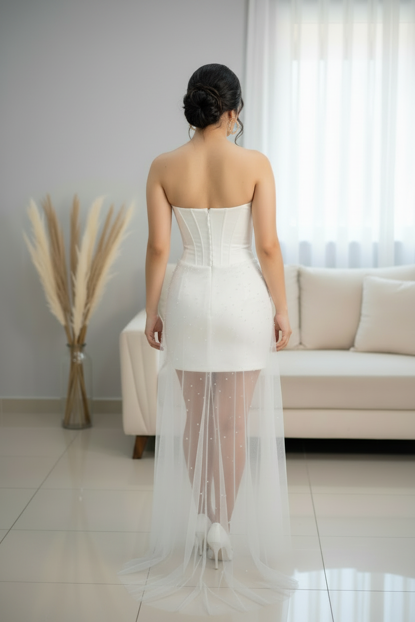 Vestido Blanco Strapless Corset Mini con Tul Perlas cod.V591