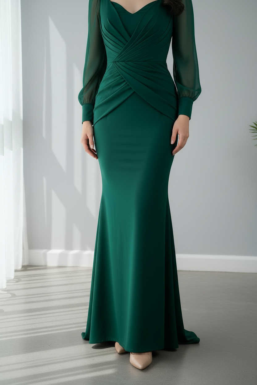 Vestido Verde Esmeralda Mangas Chifón Sirena con Drapeado cod.727
