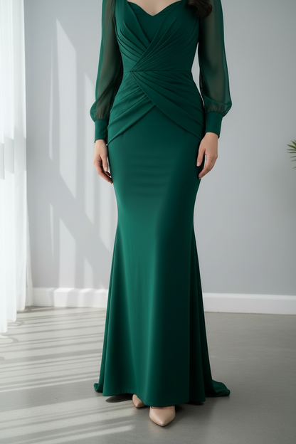Vestido Verde Esmeralda Mangas Chifón Sirena con Drapeado cod.727