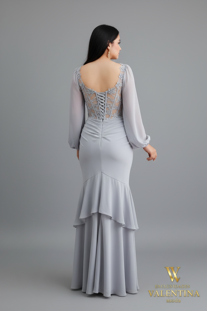 Vestido Gris Plateado Manga Larga Corset con Encaje y Doble Volante cod.V540