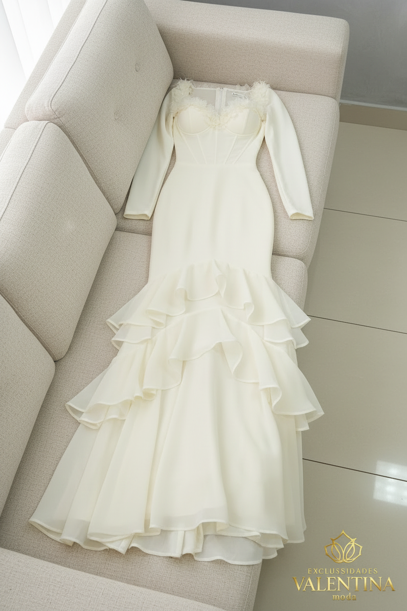 Vestido Blanco Marfil Manga Larga Corset con Volantes en Cascada cod.V537